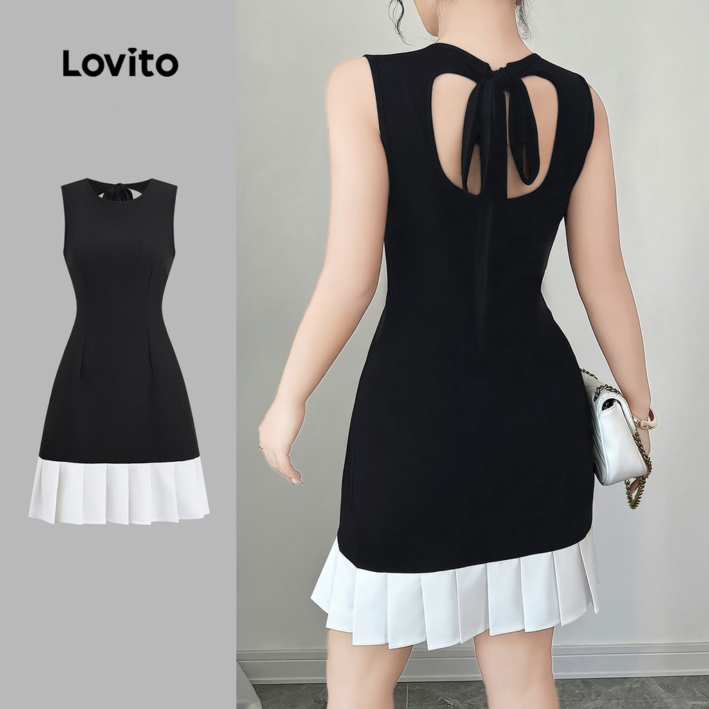 Lovito ผ้าชุดลำลอง เย็บและจีบรอบ ลายตัดเก็บพับ ช่วงฤดูใบไม้ผลิ/ฤดูร้อน ชุดสีดำและขาว L155ED528