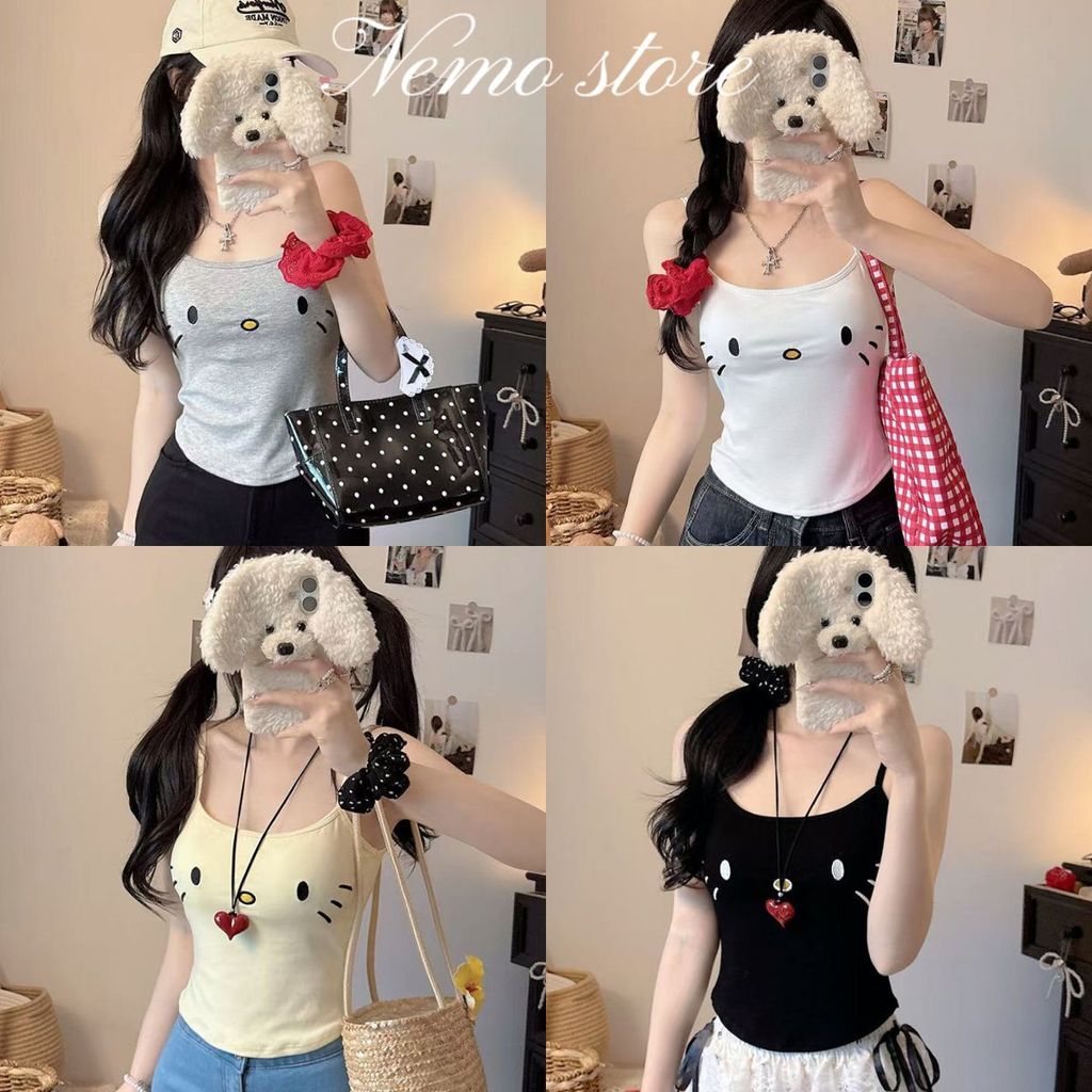 Nemo store🌸#FY4110 เสื้อสายเดี่ยว ดีเทลลายน้องแมว สีพาสเทล เสริมฟองน้ำ