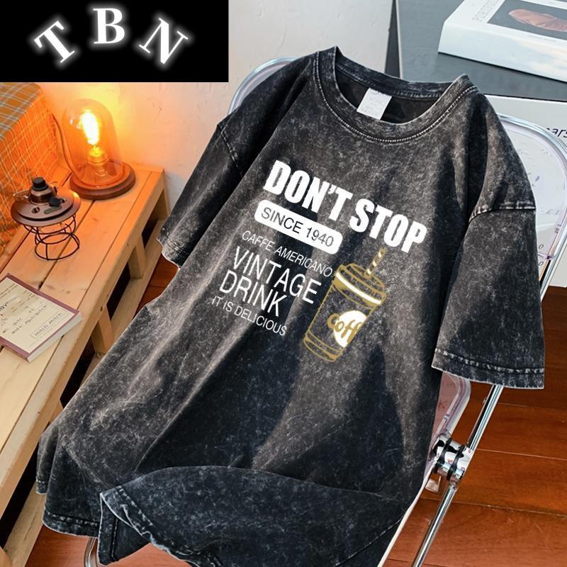 [TBN] ชายและหญิงเสื้อยืดฟอกขาวโอเวอร์ไ ซส์ผ้าคอตตอนแนวแ ฟชั่นฮิปฮอปเรโทร คอกลมทรงหลวมCOTTON100% รูปแ