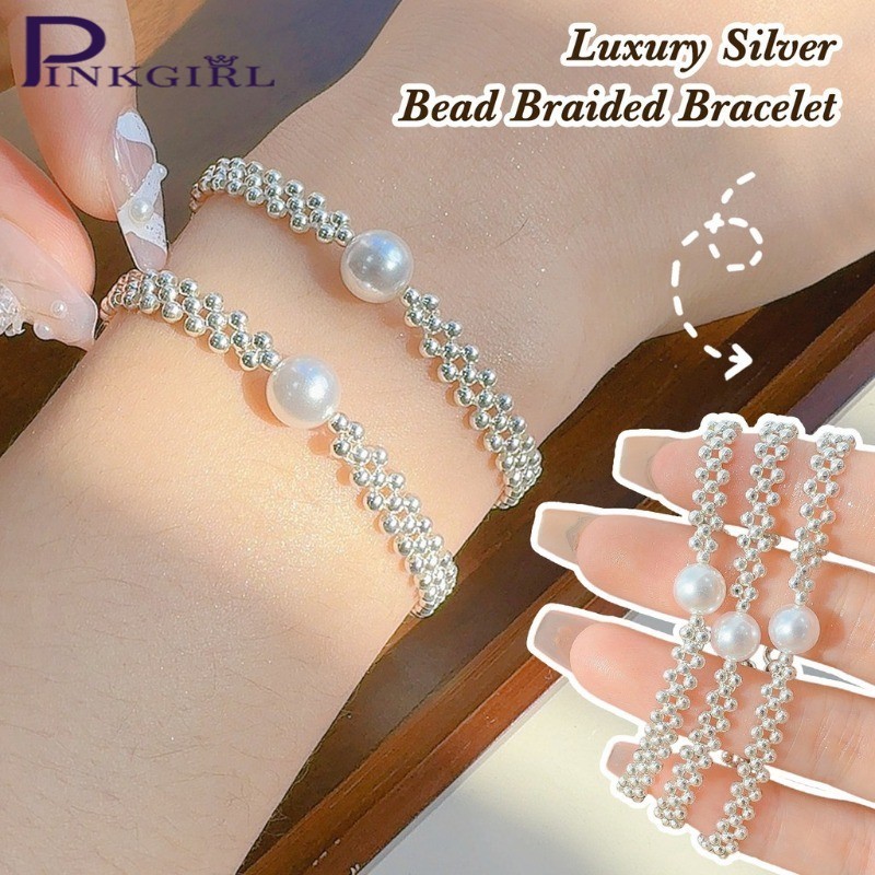 สร้อยข้อมือลูกปัดเงินและมุก ดีไซน์ทอโลหะผสม สำหรับเครื่องประดับแฟชั่นผู้หญิง