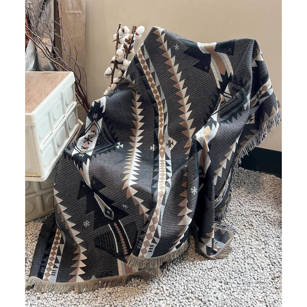 Aztec Throw Blanket 51"x63" for Sofa Couch Chair Bed, Reversible Cotton Western Blanket with Tassel,
