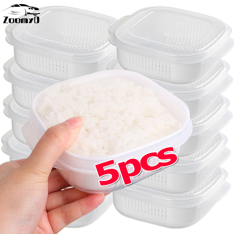 Microwavable Rices Sub-Packaged Box - Double Layer Food Freshing Box with Drain Basket - คอนเทนเนอร์ผักผลไม้ในครัว, 1/3/5 ชิ้น