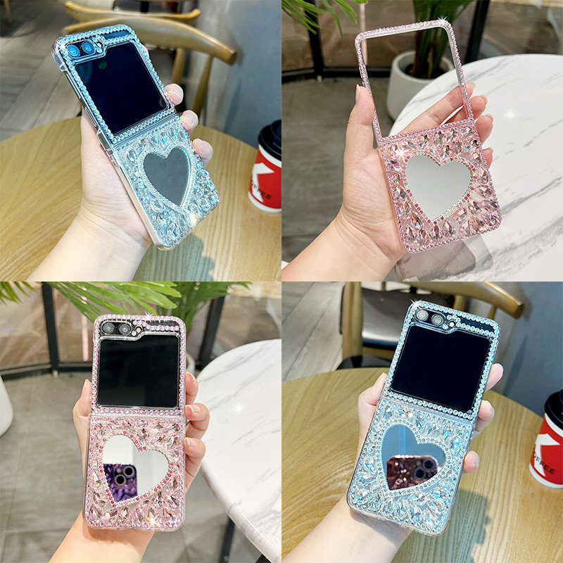 หรูหรา Love Heart กระจกแต่งหน้า Glitter Bling Diamond สําหรับ Samsung Galaxy Z flip 8/7 Z Flip 6 Z Flip 4 Z Flip 5 เคสโทรศัพท์โปร่งใสป้องกันกันกระแทก