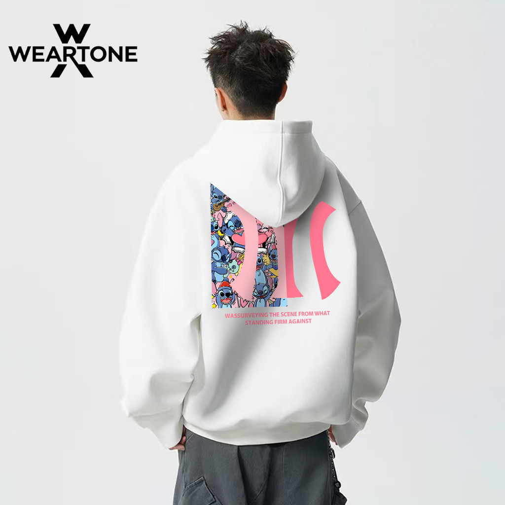WEARTONE🌟มีฮู้ด เสื้อฮู้ด ทรงหลวม สตรีทแฟชั่น ผ้าสำลีอย่างดี ใส่ได้ทั้งผู้ชายและผู้หญิง ชาย "Stitch IYI"
