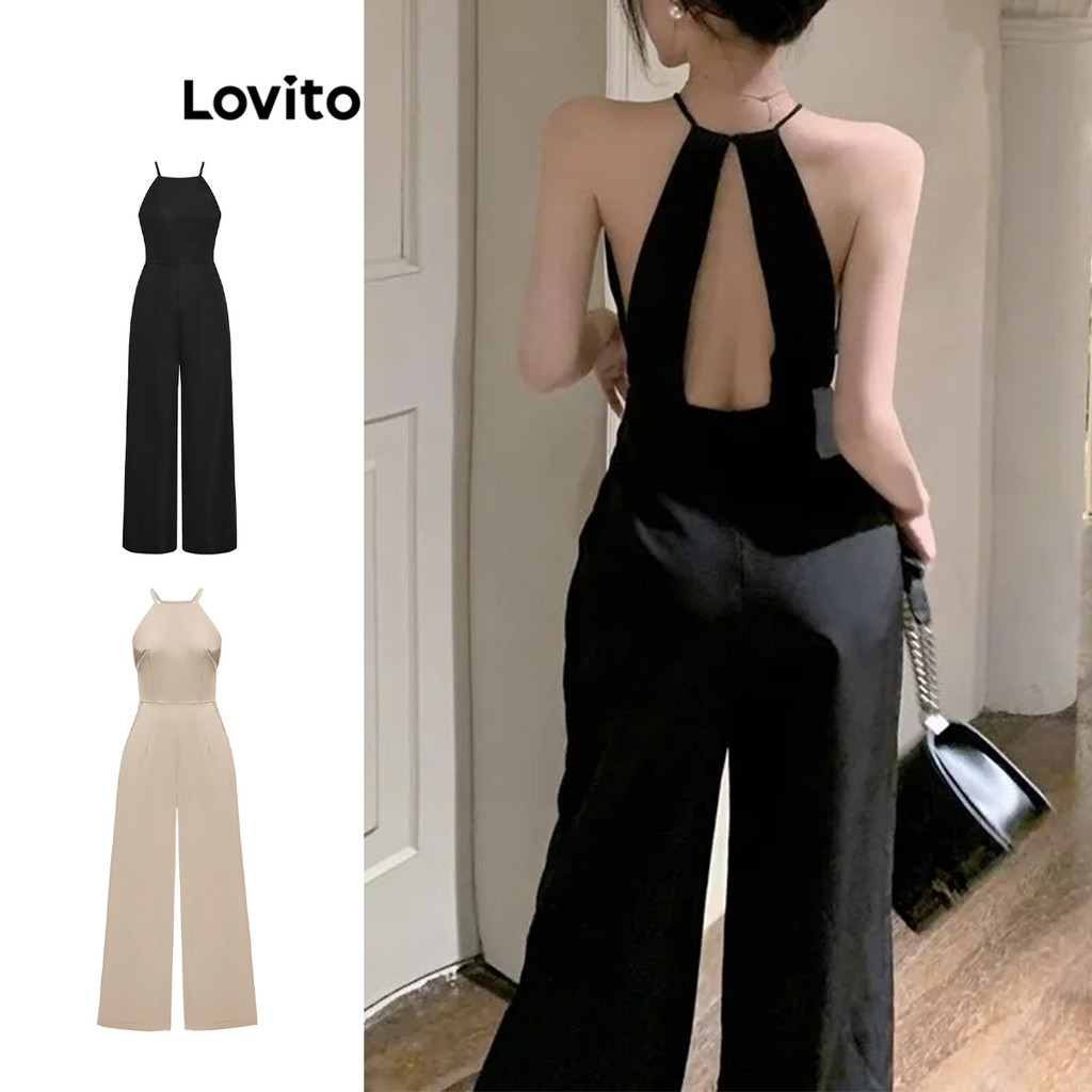 Lovito จั๊มสูทลําลอง จั๊มสูทเปลือยผูกหลังสีพื้นสําหรับผู้หญิง L74ED351 (หลากสี)