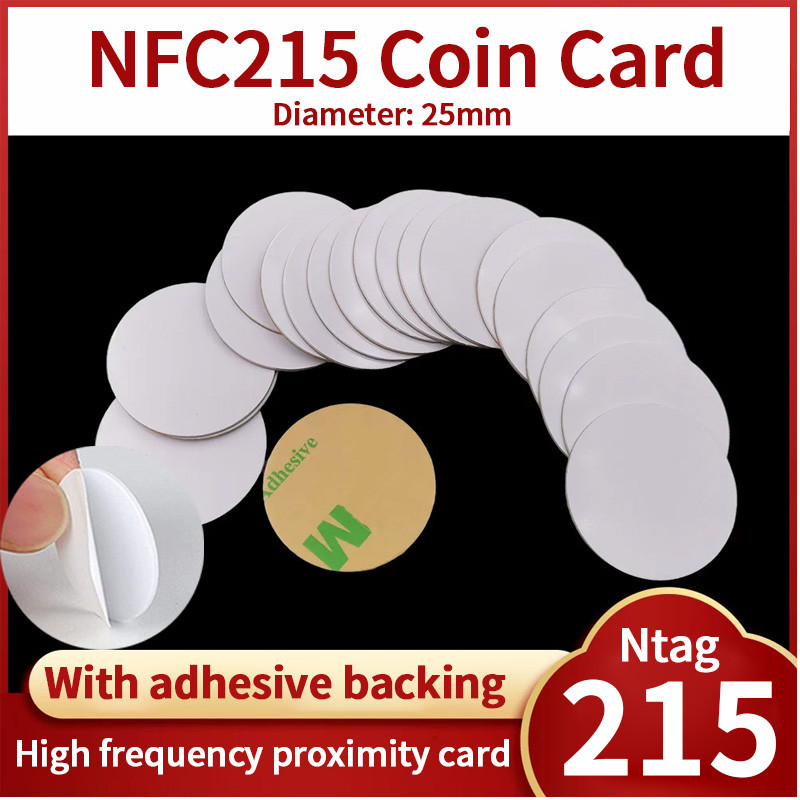 NFC 215 13.56MHz NFC เหรียญ Binding Card Badge ISO/EC14443A 25 มม.กันน้ํา PVC 215 E-label พร้อมกาวสน