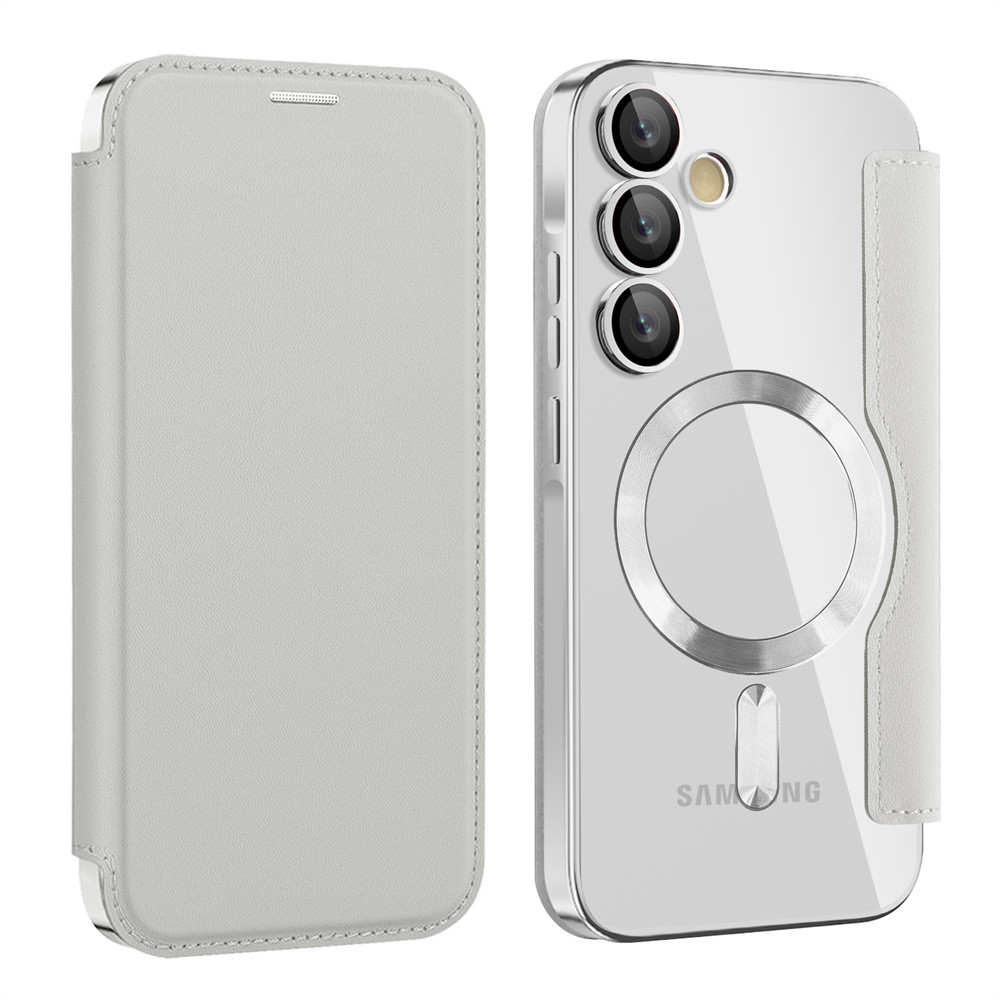 SAMSUNG หรูหราพลิกหนังคลิปบัตรเคสโทรศัพท์แม่เหล็กสําหรับSamsung S25 Edge S24 S23 Ultra S22 Plus A55 A35 ชุบClearกระเป๋าสตางค์