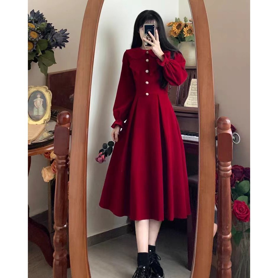 แขนยาว สีแดง แฟชั่น วินเทจ เดรสน่ารัก สบายๆ หรู ใส่สบาย คริสต์มาส กระโปรงยาว dress ออกงาน