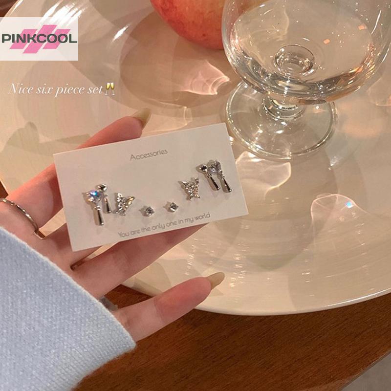PINKCOOL เซ็ตต่างหู 6 ชิ้น Vintage Silver สีชมพู สำหรับผู้หญิง สไตล์กรุนจ์ aesthetic Y2K