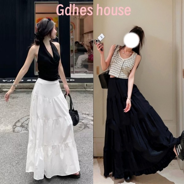 Gdhes house กระโปรงมิติผู้หญิง สีดำสีขาวสองสี ทรงยาว กระโปรงทรงเค้กอ่อนโยนขอบทรงบัวทรงเอสไตล์เกาหลี#2051