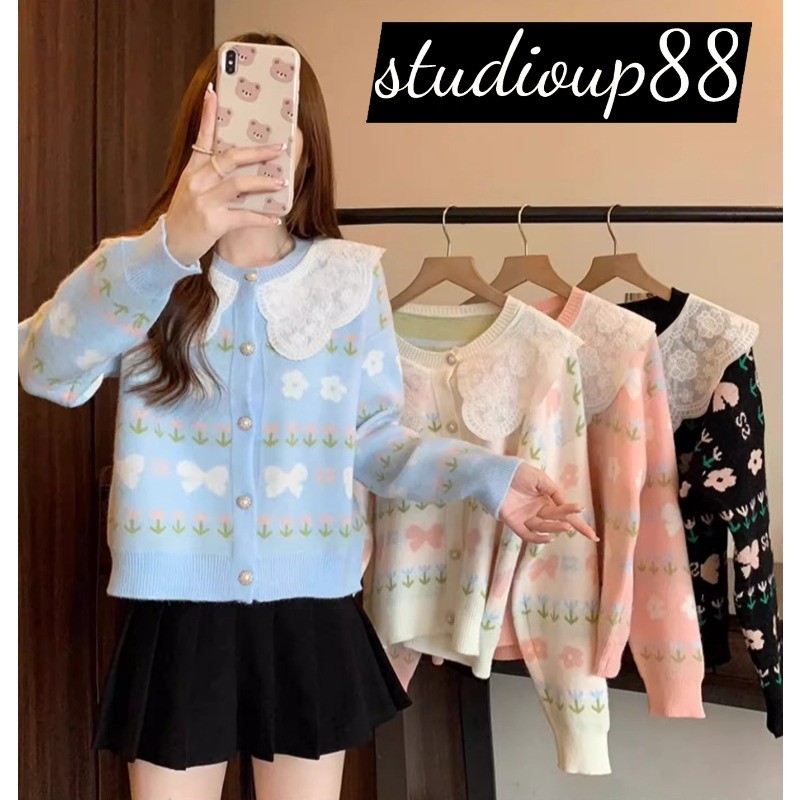 (ส่งจากไทย)เสื้อคลุมไหมพรมแขนยาว ผ้าถัก แต่งลูกไม้ แขนยาว คอตุ๊กตา กระดุมหน้า ลายดอกไม้ เนื้อผ้าหนานิ่ม สําหรับผู้หญิง