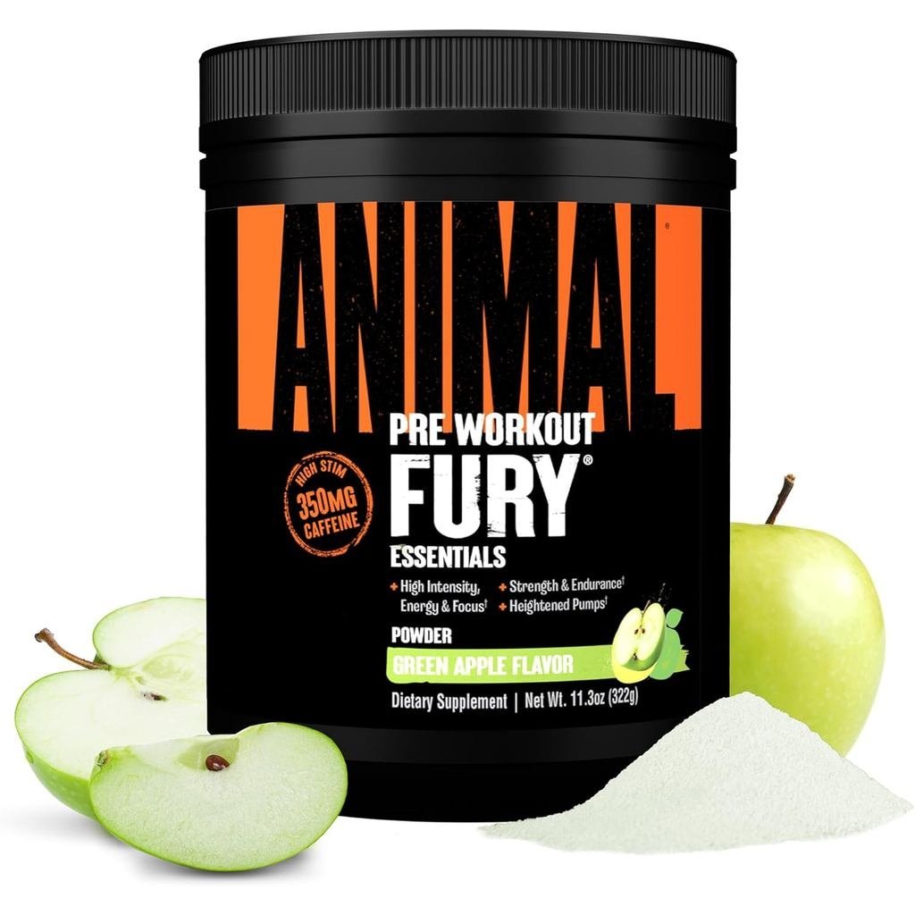 Animal Fury Pre Workout Powder - Green Apple, คาเฟอีน 350 มก., BCAA Amino Acids, 2g Beta Alanine, Ci