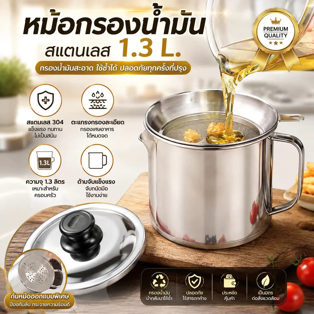 ถ้วยกรองน้ำมัน 1.3L/1.4L หม้อกรองน้ำมัน สเตนเลส ที่กรองน้ำมัน หม้อเก็บน้ำมัน พร้อมตะแกรงกรอง มีฝาปิดและที่จับ