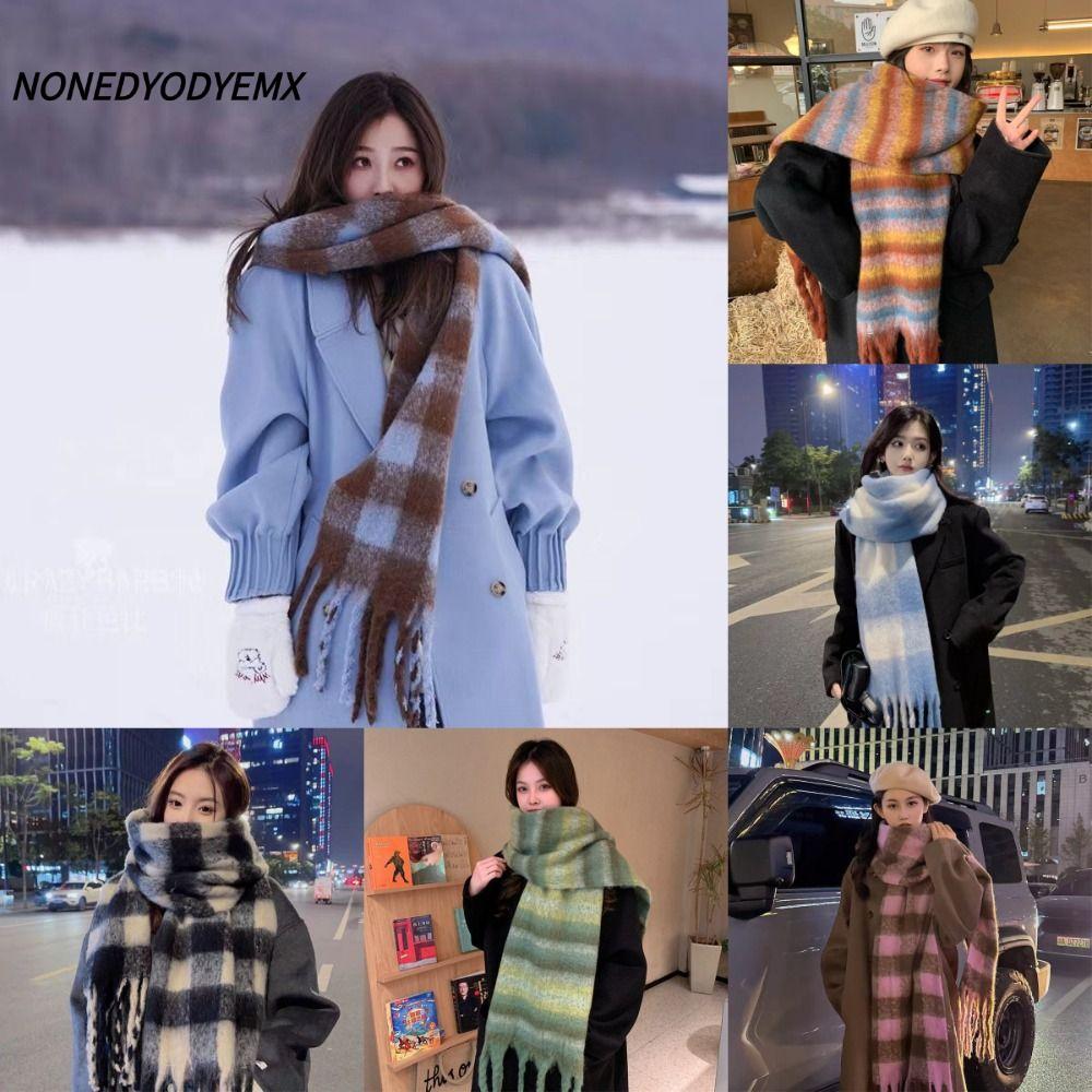 NONDYOMX ผ้าพันคอแคชเมียร์ฤดูหนาว, ลายทางผ้าพันคอพู่ยาวอบอุ่น, ลายสก๊อตนุ่ม Mohair หนาผ้าคลุมไหล่ห่อหญิง