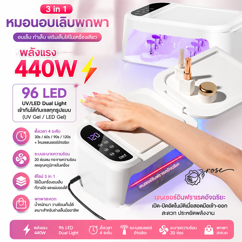 440Wเครื่องเป่าเล็บ เครื่องอบเล็บเจล แผงโต๊ะพับได้ 96LED แห้งเร็วมากเร็ว ตั้งเวลาได้ 4 แบบ เครื่องส่องไฟแห้งเร็วกำลังสูง