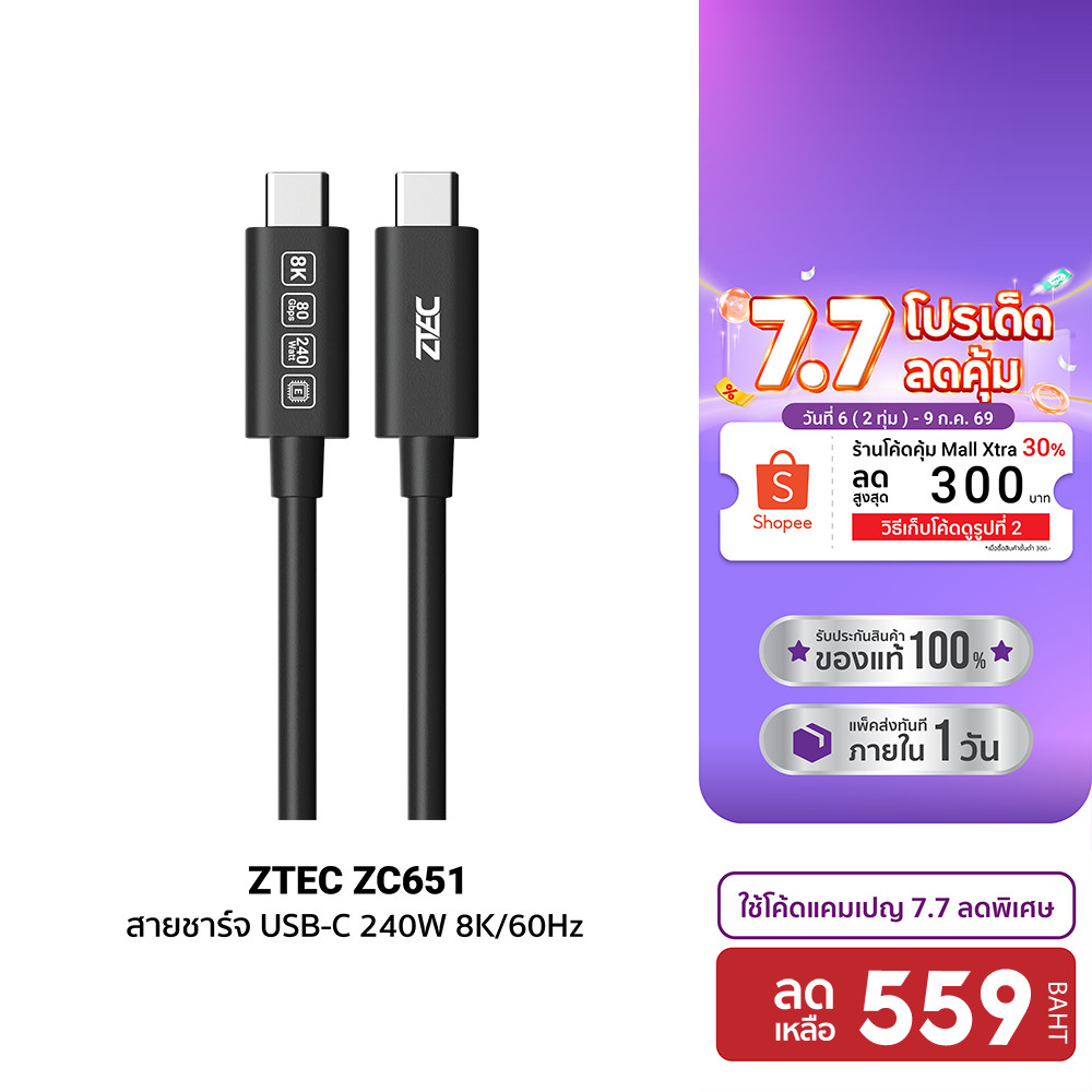 [ลดเหลือ 559] ZTEC Thunder 5 Cable ZC651 สายชาร์จ ส่งข้อมูล 80Gbps USB4 240W 8K/60Hz -24M