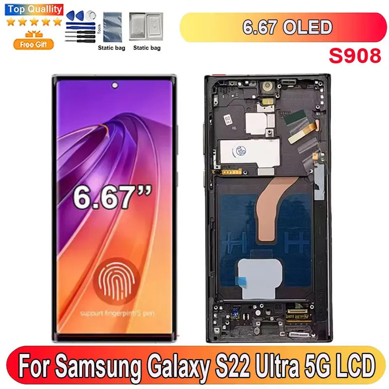 6.67 "OLED สําหรับ Samsung Galaxy S22 Ultra 5G จอแสดงผล LCD หน้าจอสัมผัสแผง Digitizer อะไหล่สนับสนุน