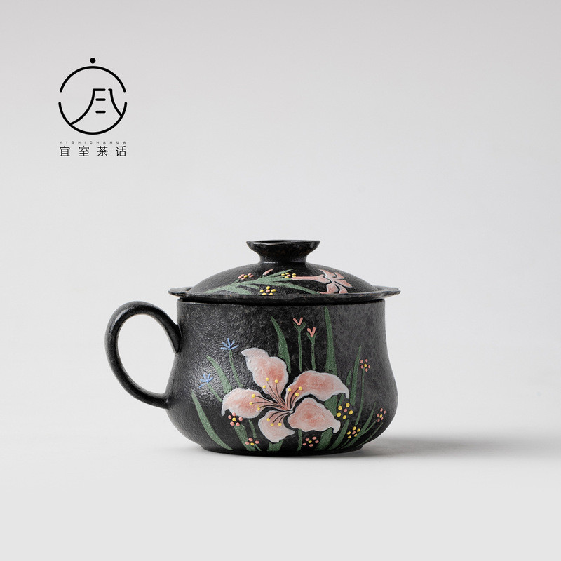 Yishi Tea Words ถ้วยชาสุภาพสตรีมูลค่าสูงมือวาด Lily เซรามิคสํานักงานถ้วยชาถ้วยแก้ว