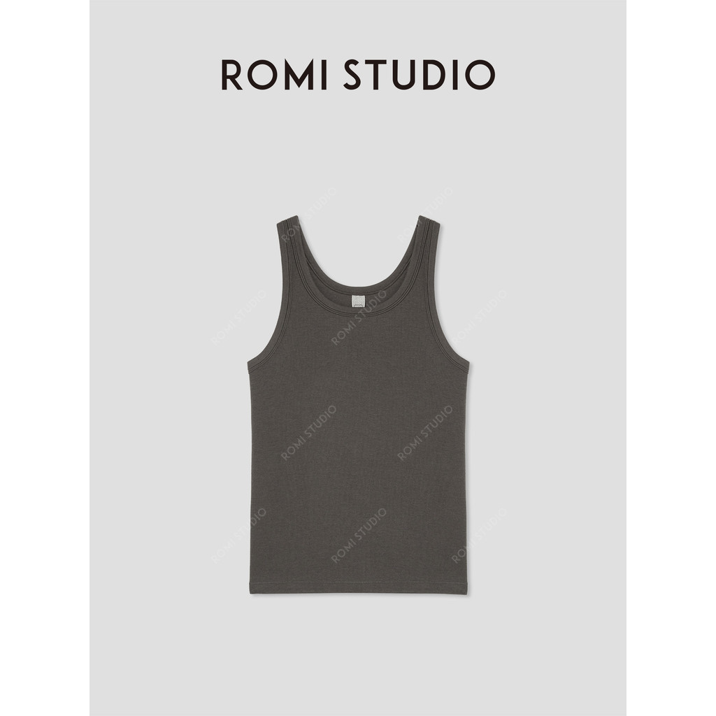 R ROMI STUDIO Basic Simple แขนกุดผ้าฝ้ายสูงยืดหยุ่นสูง U-คอถัก Camisole RWBWSD1581