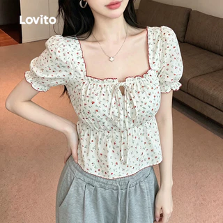 (New Arrival) Lovito เสื้อเบลาส์ลําลองผูกด้านหน้าแบบสบาย ๆ สําหรับฤดูใบไม้ผลิ/ฤดูร้อนของผู้หญิง เกาหลี อินเทรนด์ LK7AD1071