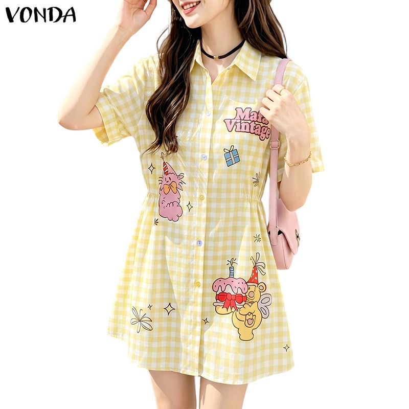 VONDA ผู้หญิงเกาหลี Streetwear สไตล์ญี่ปุ่นแขนสั้นตลกการ์ตูนพิมพ์ Pleats A-Line Shirtdress