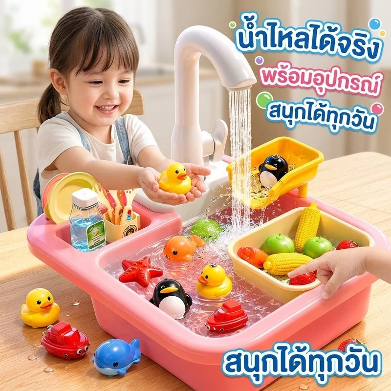 ของเล่นซิงค์ล้างจานเด็ก น้ำไหลเวียนอัตโนมัติ ชุดครัวจำลอง พร้อมจานช้อน เหมาะเด็ก 3 ปี
