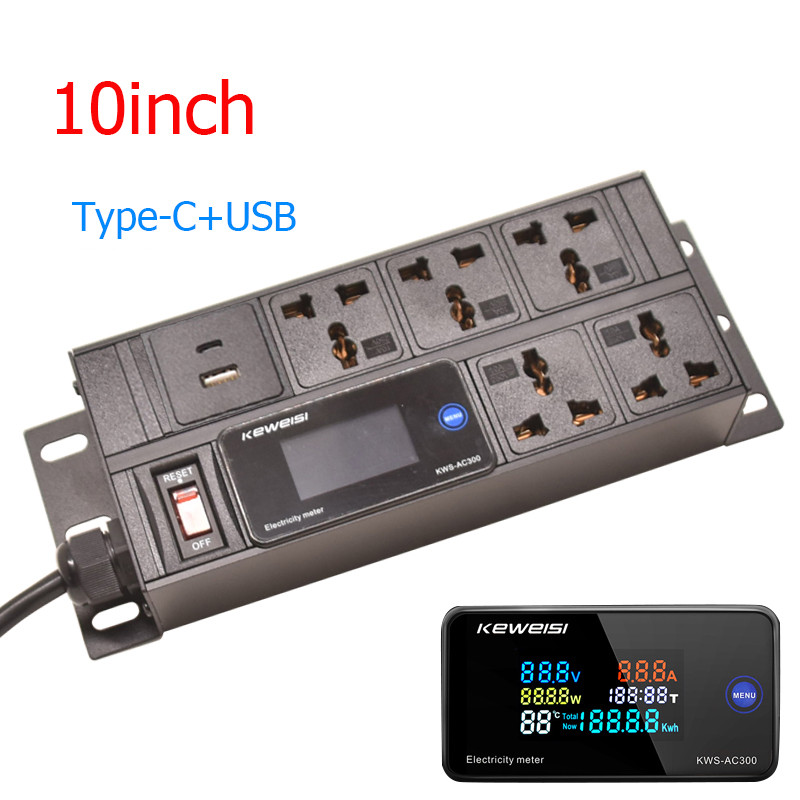 PDU ปลั๊กไฟ,มิเตอร์จอแสดงผลดิจิตอล 5Ways Universal Socket,USB + Type-C,สายไฟ 2 เมตร,แท่นตู้ 10 นิ้ว