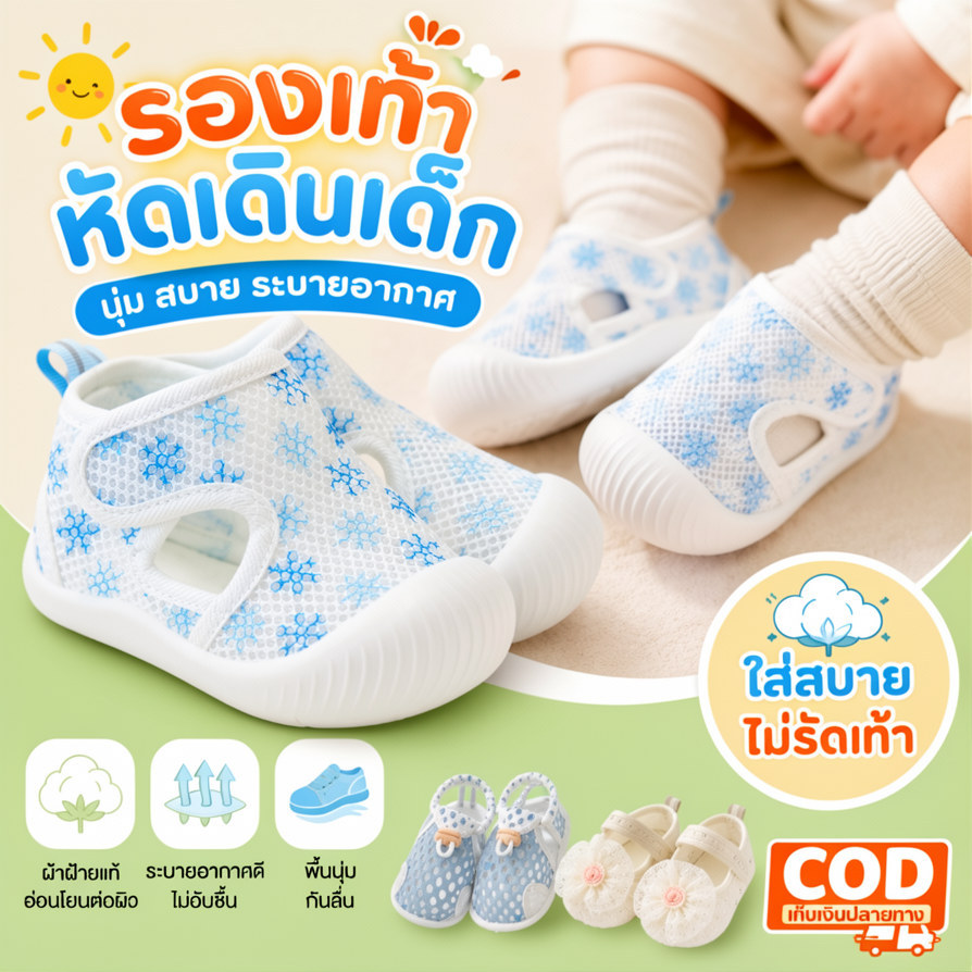 COD รองเท้าเด็กหัดเดิน พื้นนุ่มกันลื่น ทำจากฝ้ายแท้ ไม่รัดเท้า ลายการ์ตูน รองเท้าทารกระบายอากาศสำหรับฤดูร้อน