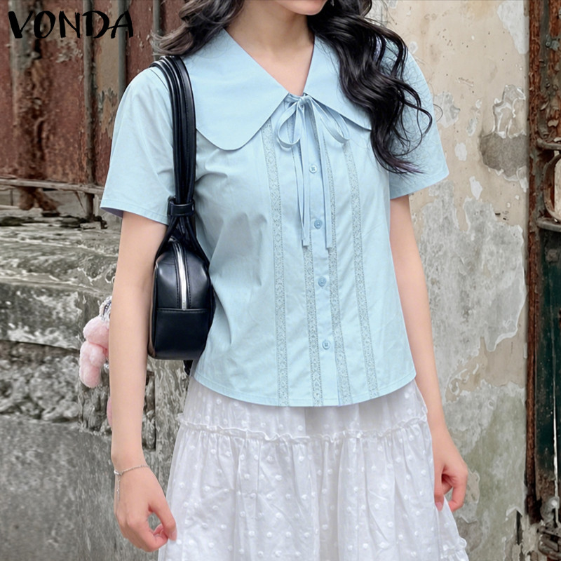 VONDA ผู้หญิงเกาหลี Girly สไตล์ขนาดใหญ่ Lapel Bowtie ลูกไม้แผงทอทอทอปุ่มปกติไหล่ตัดเสื้อสไตล์วิทยาลัย Back-To-School ทุกวันเสื้อแขนสั้น — صورة 5