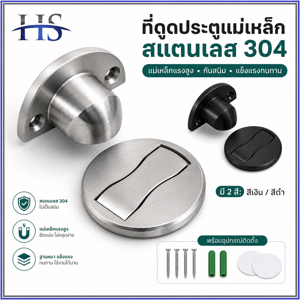 กันชนประตู แม่เหล็ก ตัวหยุดประตู สแตนเลส แบบติดพื้น ไม่ต้องเจาะ ป้องกันประตูชนผนัง พร้อมสติ๊กเกอร์และสกรู แข็งแรงทนทาน