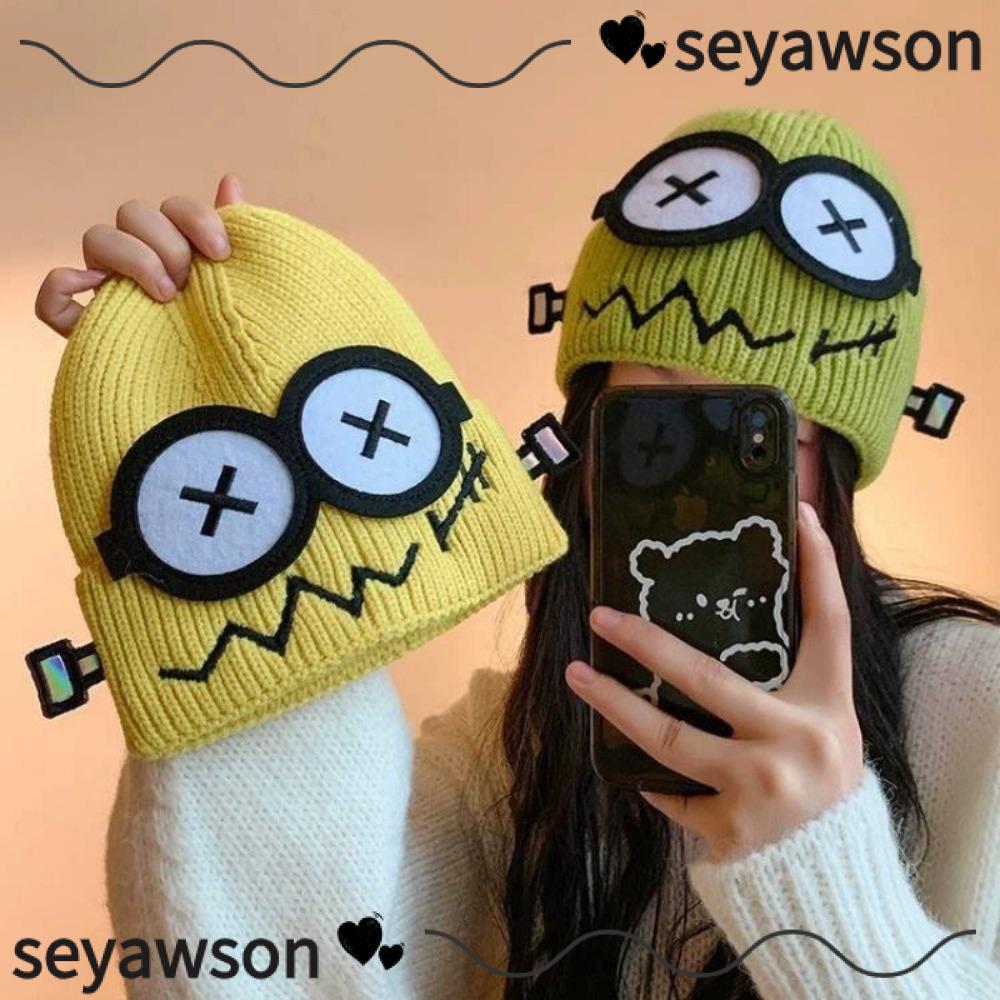 SEYAWSON Cuff Beanie Cap, Candy Color Cartoon Big Eyes Pattern หมวกถัก, หมวกป้องกันหูที่อบอุ่นน่ารัก