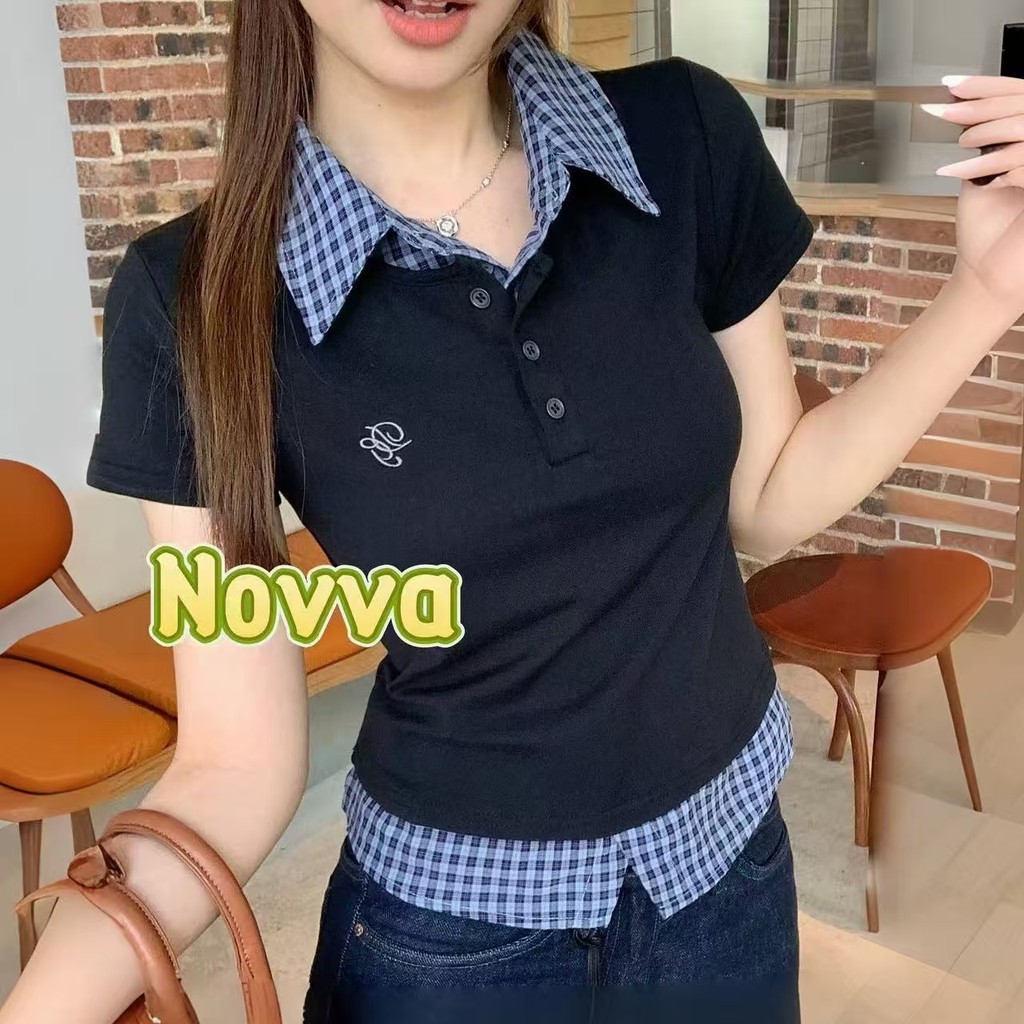 พร้อมส่งจากกทม เสื้อยืดแขนสั้นคอปก ปัก น่ารักๆ สไตล์เกาหลี ผ้ายืด นุ่ม Novva