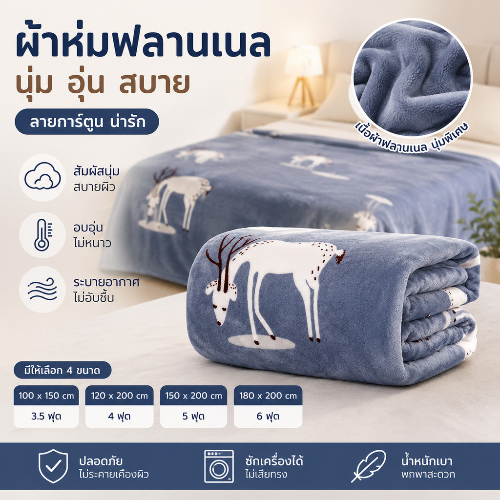 ผ้าห่มนาโนสีพื้น 3.5/4/5/6 ฟุต (220g) กุ๊นขอบ