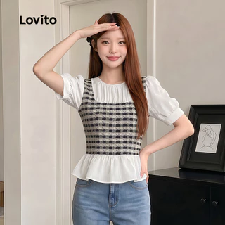 Lovito สง่างาม เสื้อเบลาส์ ผ้าแจ็คการ์ด ลายตาราง กิงแฮม สไตล์ สำหรับผู้หญิง เกาหลี อินเทรนด์ L114AD317