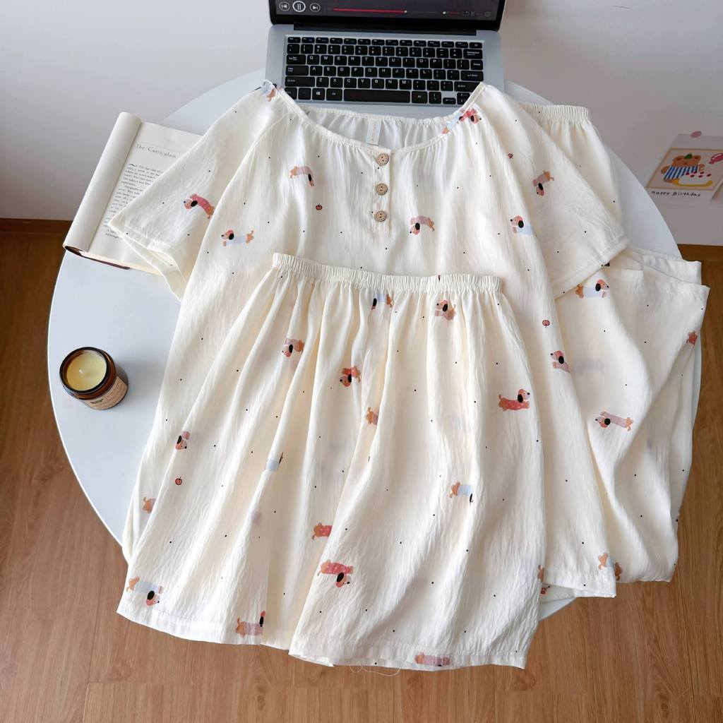 Live สามชิ้นชุดนอนสตรีกางเกงขาสั้นแขนสั้นกางเกงคาร์ดิแกน Cloud Cotton คอกลม Loungewear ชุด 9W0G