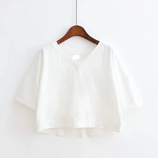 เสื้อครอปท็อปแขนสั้น คอวี แบบเย็บติดกัน สีพื้น สําหรับผู้หญิง