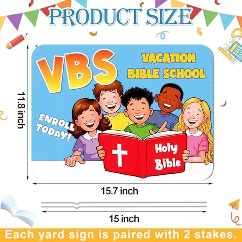 Colingmill 3 ชุด VBS Vaion Bible School Sign โลหะ Stakes 12 "x 16" Enroll วันนี้ป้ายสนามหญ้าสีฟ้าสีแ