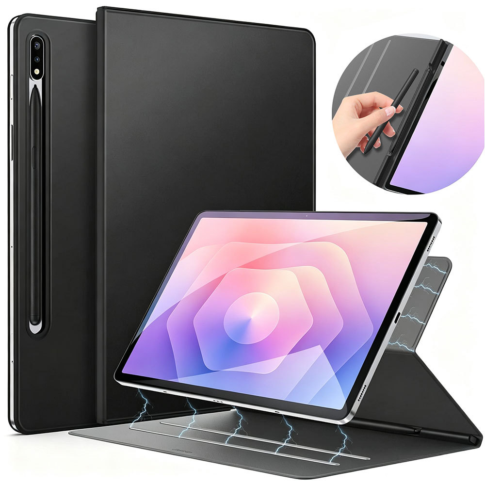 Bordless Strong Magnetic Case Slim Stand Flip Leather Case with Pen Holder, Smart Cover for Samsung 