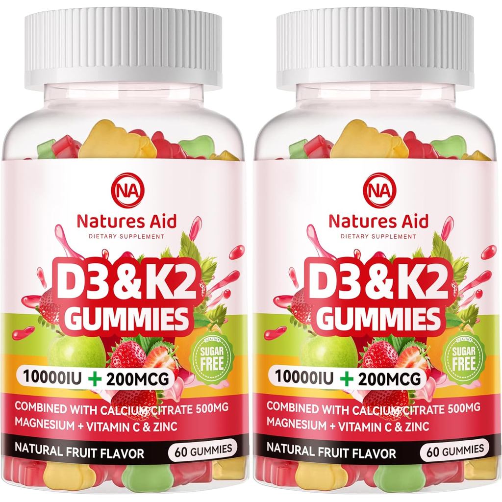 Natures aid วิตามินปราศจากน้ําตาล D3 K2 Gummies พร้อมแคลเซียม + K2 (MK-7), Magnesium Citrate, Vitami