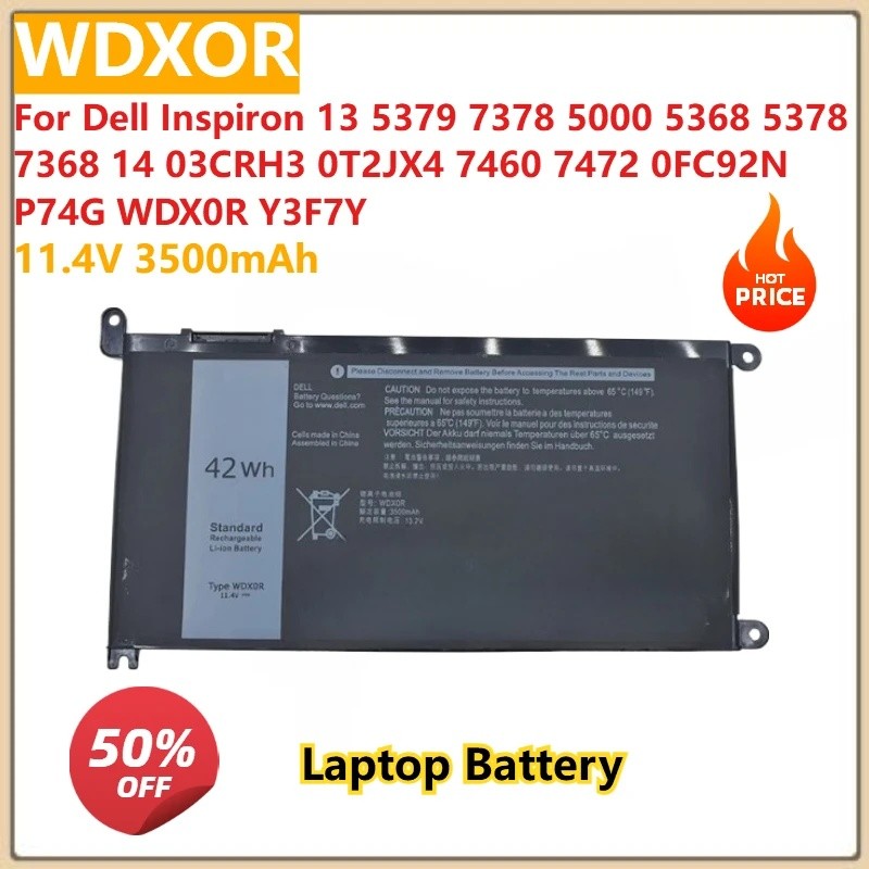 WDXOR 3500mAh แบตเตอรี่แล็ปท็อปสําหรับ Dell Inspiron 13 5379 7378 5000 5368 5378 7368 14 03CRH3 0T2J
