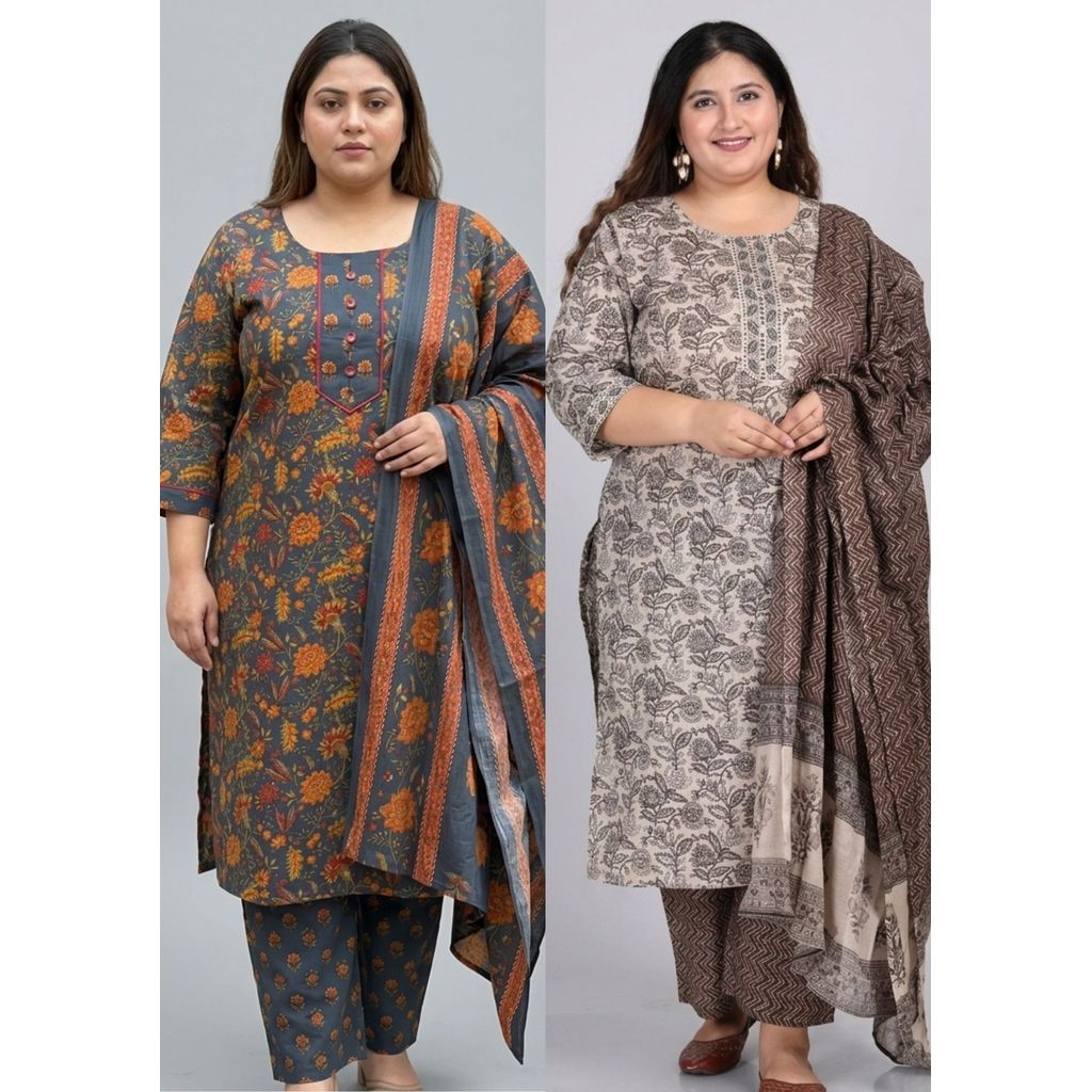 DEBAYU Plus Size Cotton Straight Kurti with Bottom & Duptata Set Size 4XL ถึง 7XL