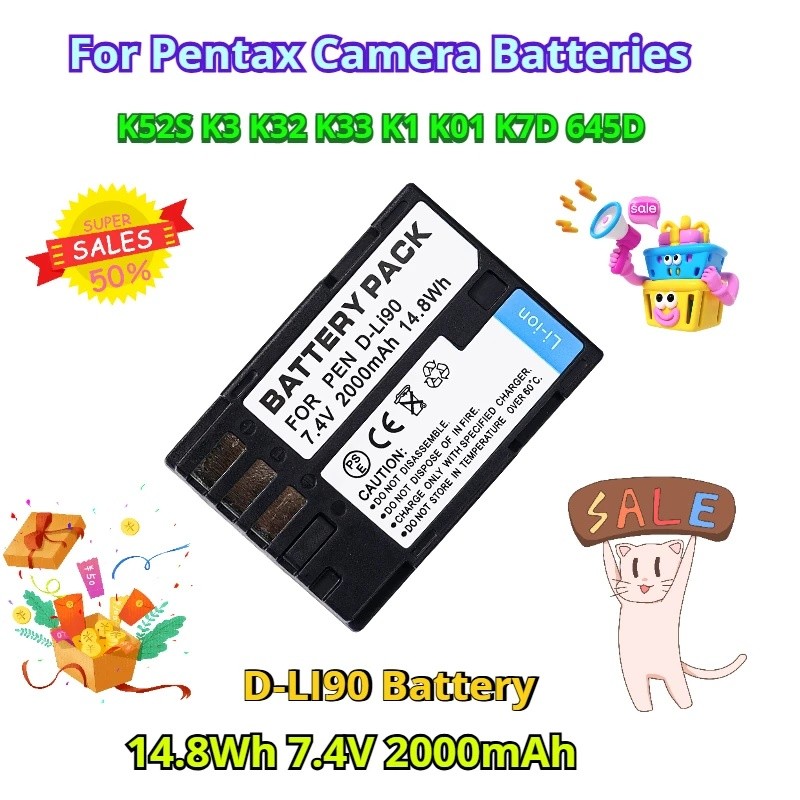 14.8Wh 7.4V 2000mAh D-LI90 แบตเตอรี่สําหรับ Pentax K52S K3 K32 K33 K1 K01 K7D 645D แบตเตอรี่กล้อง