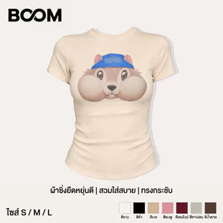 BOOM เสื้อ baby tee Y2K สไตล์เกาหลี ผู้หญิง พิมพ์ลายกระรอกการ์ตูนน่ารัก แขนสั้น ผ้ายืดหยุ่น ไม่อึดอัด รัดรูป ใส่สบาย