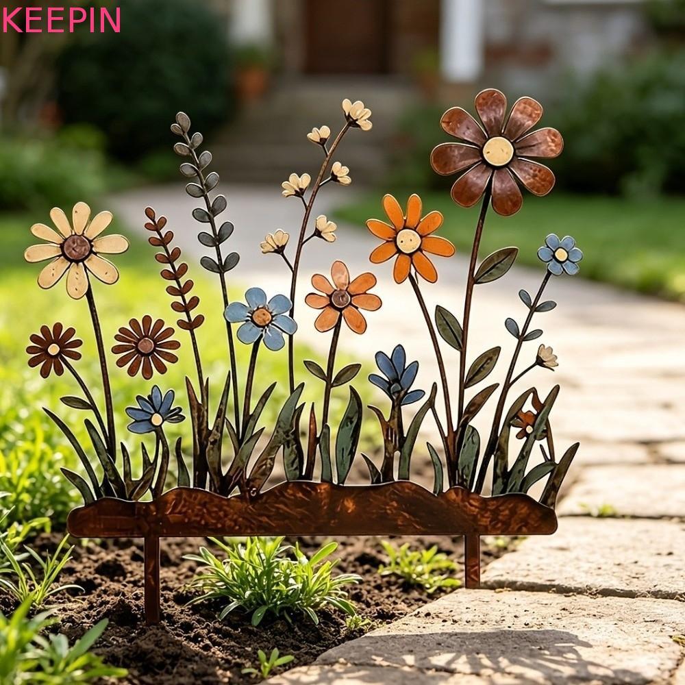 KEEPIN 2D เลียนแบบ Rusty Garden Pile, Rustic Retro ดอกไม้รูปแบบ Stakes, Creative ดอกไม้ออกแบบอะคริลิคที่มีสีสัน Garden Plug Garden