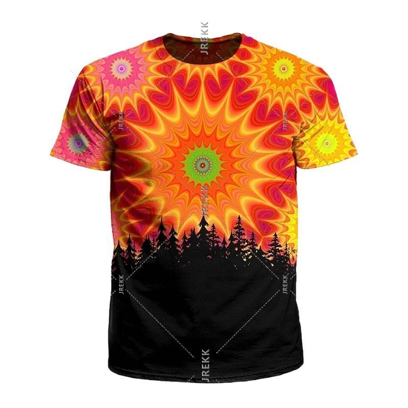 เด็ก 3D Psychedelic Forest O คอแขนสั้น Tee Regular Fit สําหรับโรงเรียนเล่นฤดูร้อนเด็กกลางแจ้งทุกวันก