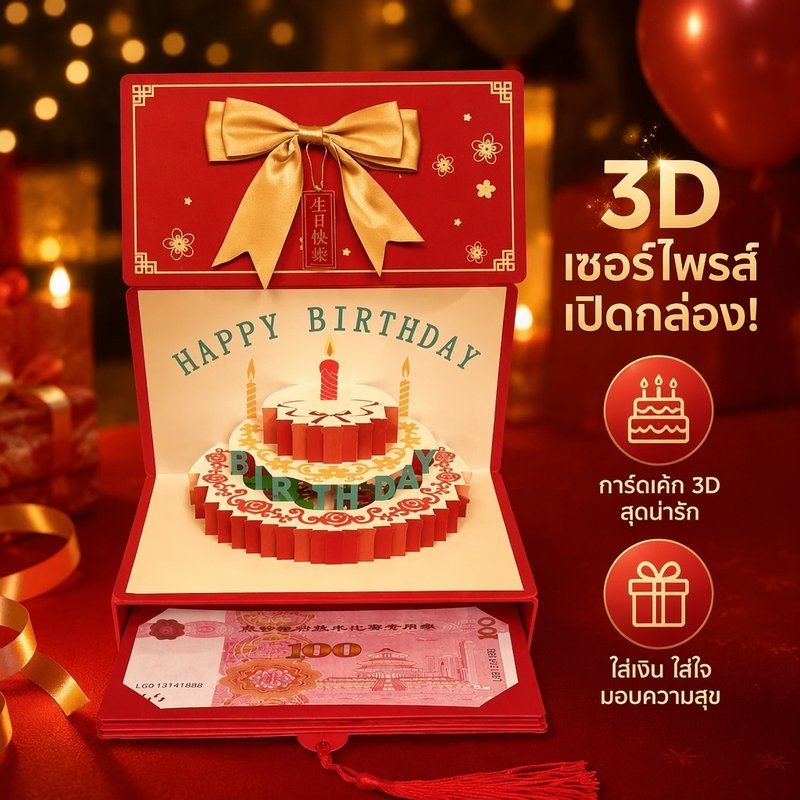วันเกิดซองจดหมายสีแดง 3ง การ์ดอวยพรดนตรีสว่างขึ้นพับแปลกใจเงินสดผู้ถือของขวัญ
