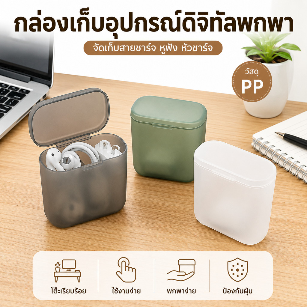 กล่องเก็บสายชาร์จพกพา สำหรับบ้านและออฟฟิศ ช่วยลดความรกบนโต๊ะ ฝาปิดมิดชิด ขนาดเล็กแต่จัดเก็บได้ครบ ออฟฟิศ และเดิน