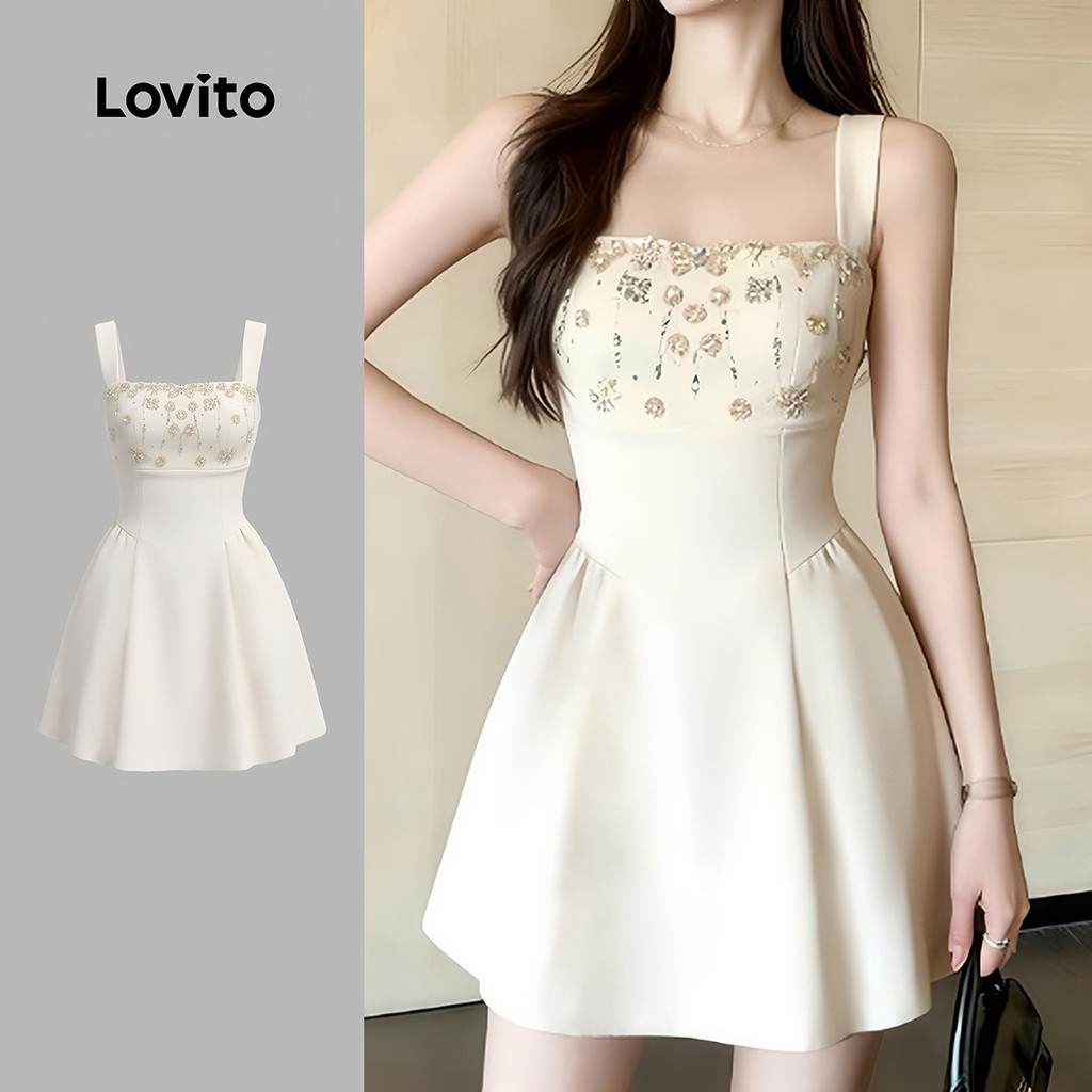 Lovito เดรสพิมพ์ลายสวยงาม ทรงพลีท สวมใส่สบายแต่ดูดีมีสไตล์ สีแอปริคอท สำหรับฤดูใบไม้ผลิ/ฤดูร้อน สำหรับผู้หญิง LK4ED1765