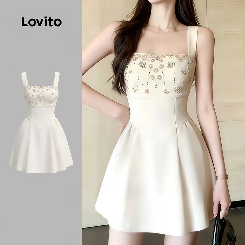 Lovito เดรสพิมพ์ลายสวยงาม ทรงพลีท สวมใส่สบายแต่ดูดีมีสไตล์ สีแอปริคอท สำหรับฤดูใบไม้ผลิ/ฤดูร้อน สำหรับผู้หญิง LK4ED1765