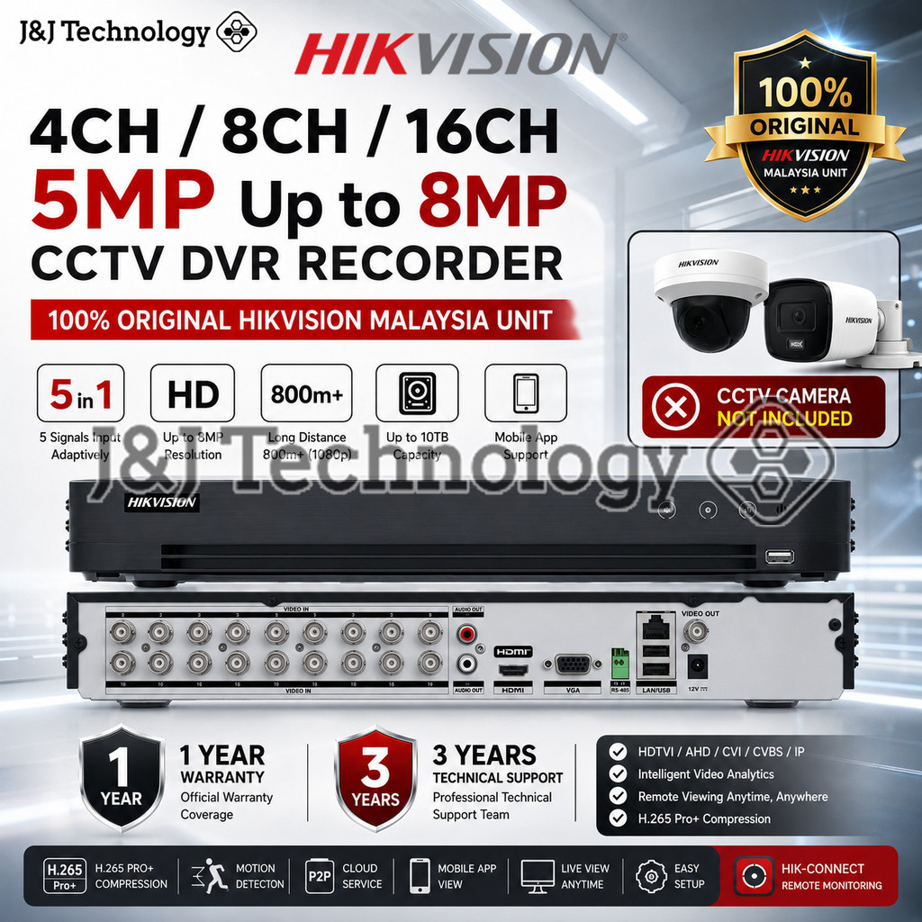 JNJ Technology HIKVISION 4CH / 8CH / 16CH 5MP เครื่องบันทึกวิดีโอดิจิตอลสูงสุด 8MP ระบบรักษาความปลอด